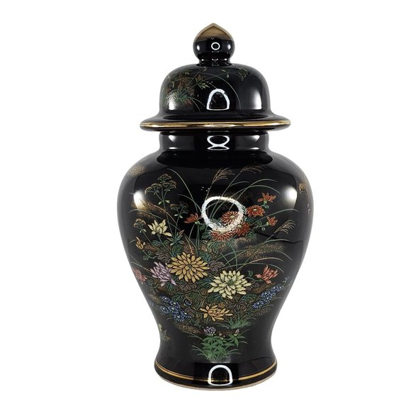 Vintage Andrea By Sadek Vase Ginger Jar Japan Flowers Birds Gold Trim Lid Black - Picture 1 of 10